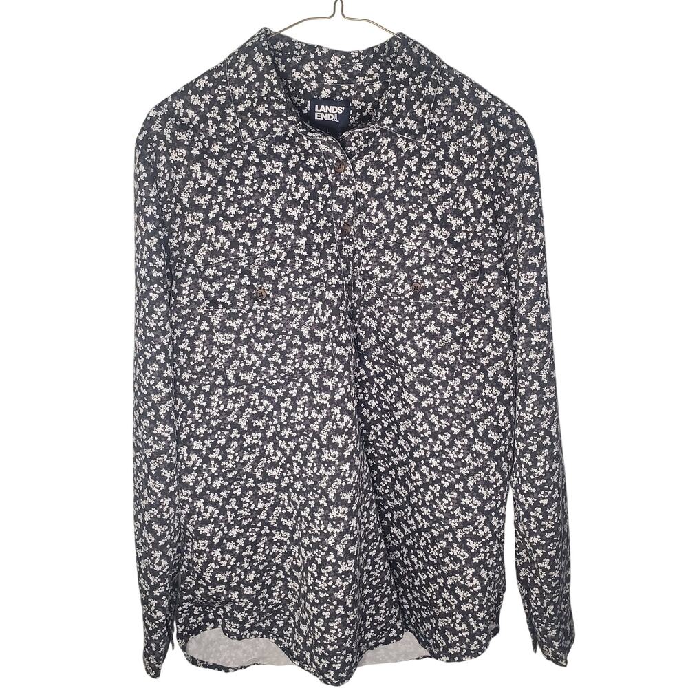Land's End Popover Tunic Top Women's L Dark Ditsy Floral Rayon Blend Long Sleeve
